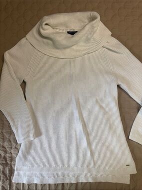 Tommy Hilfiger White Relaxed  Ribbed Cowl-Neck Sweater Side Slits 100% Cotton XL